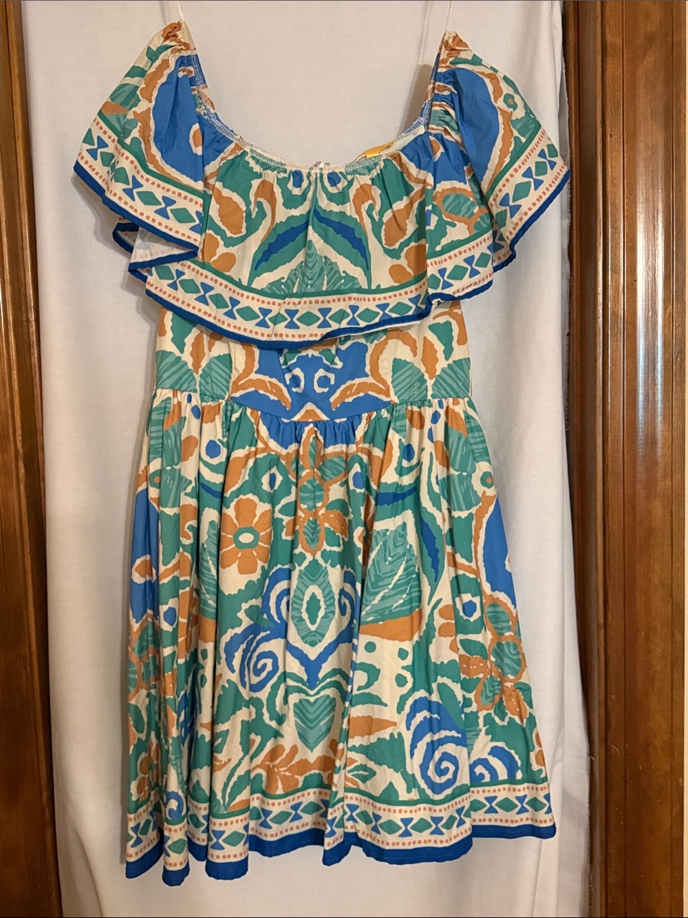 Flying Tomato Off-Shoulder Floral Dress in Blue, Green & Tan